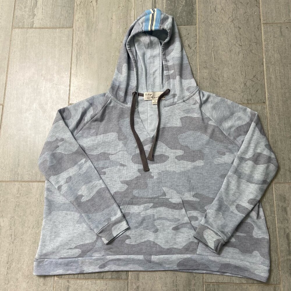 Vintage Havana Lightweight V-Neck Oversized Hoodie Sweatshirt Blue Camo Medium